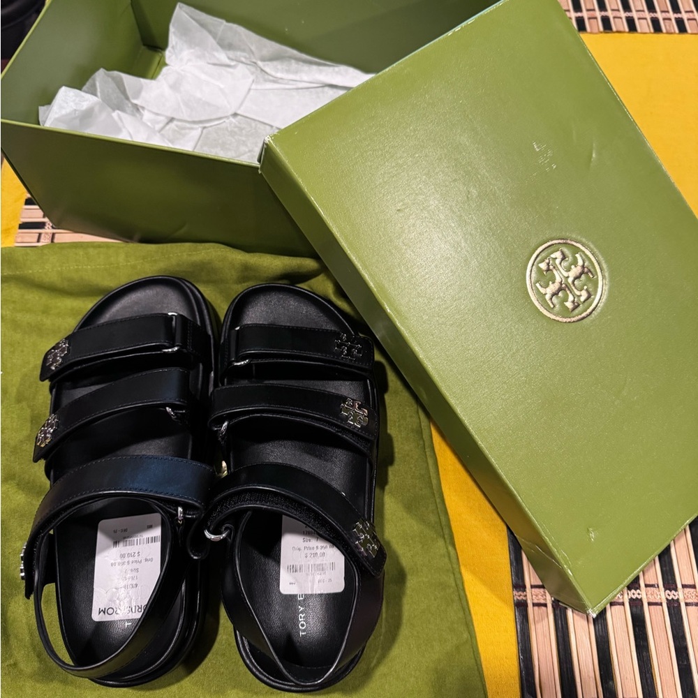 Tory Burch Black Leather Triple-Strap Logo Sandals - Picture 7 of 8